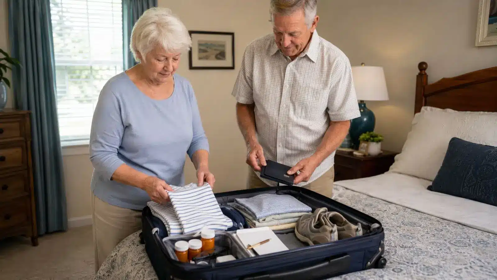 Senior couple deciding what to pack on a cruise