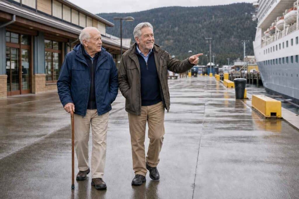 Arthur and Robert walking during the best time for alaska cruise decision