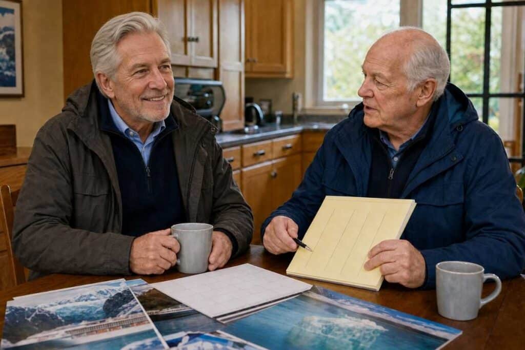 Arthur and Tom planning the best time for alaska cruise at home