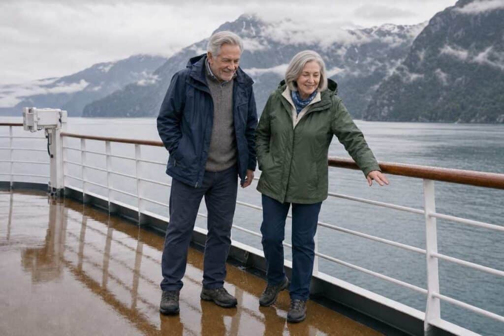 Arthur and Margaret checking wet decks on the best time for alaska cruise
