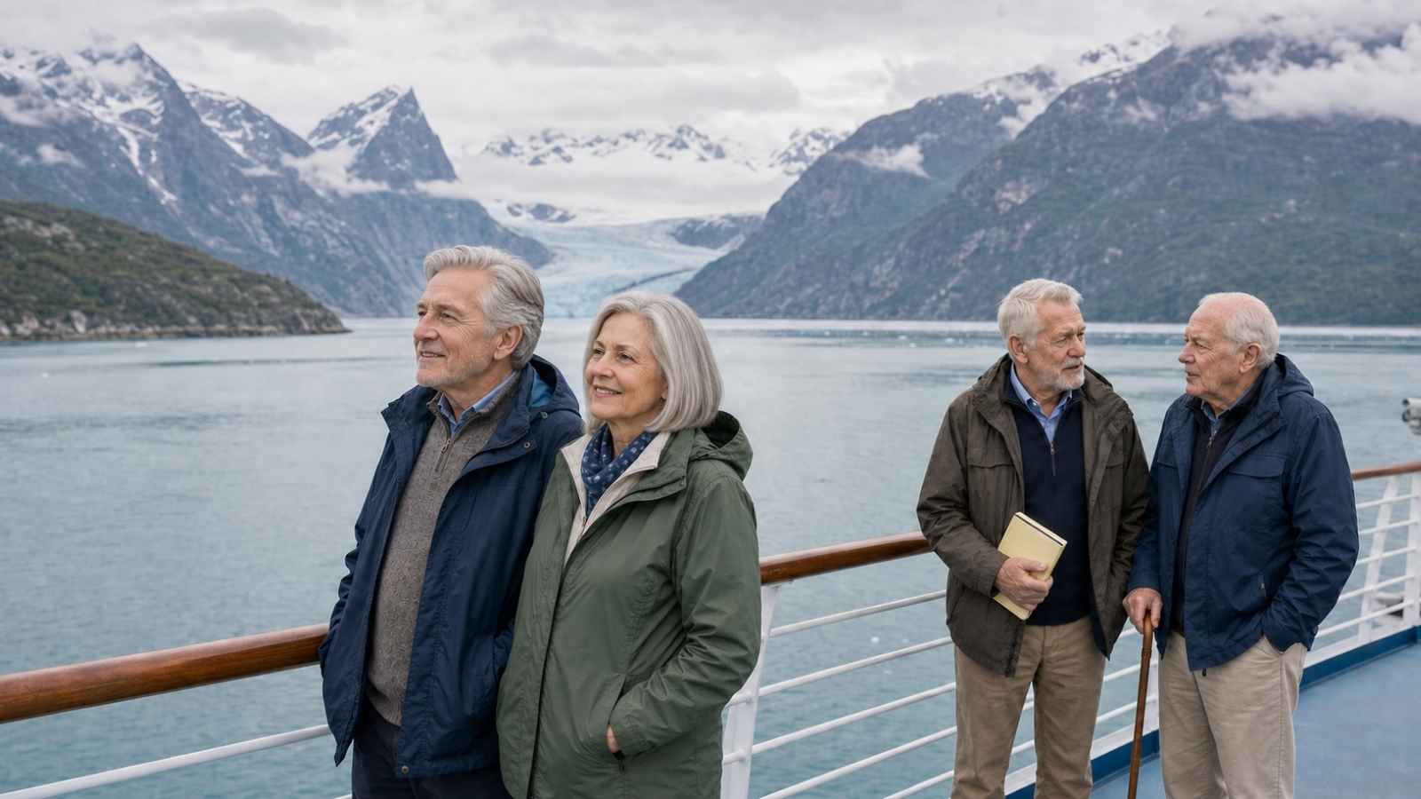 Senior travelers choosing the best time for alaska cruise near glaciers