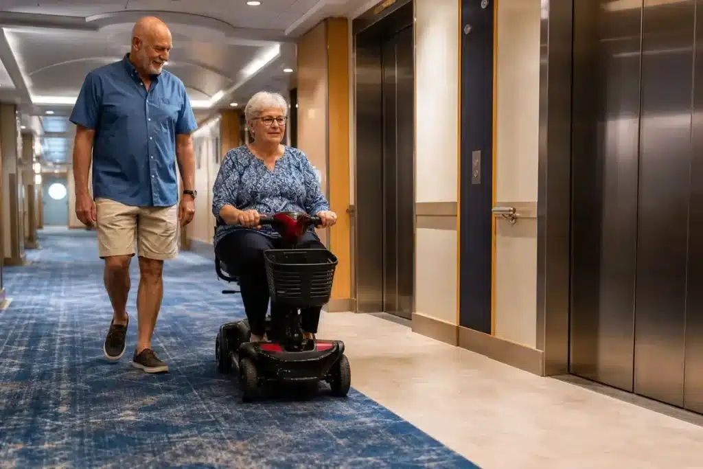 Carnival cruise reviews accessibility scene with senior traveler using mobility scooter