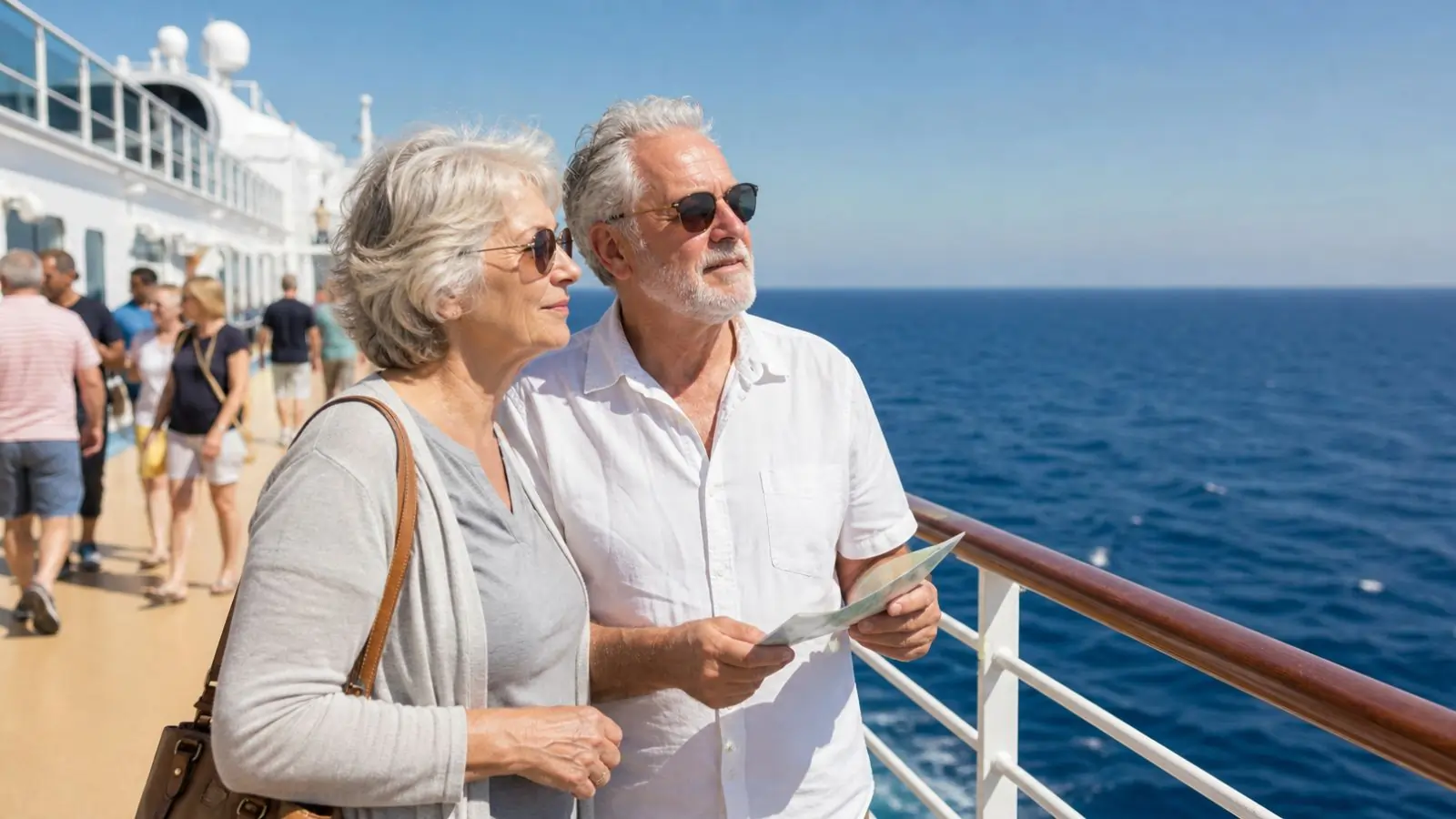 Carnival cruise reviews for seniors on a sunny cruise ship deck