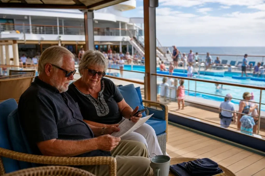 Carnival cruise reviews showing seniors comparing quiet and lively deck areas