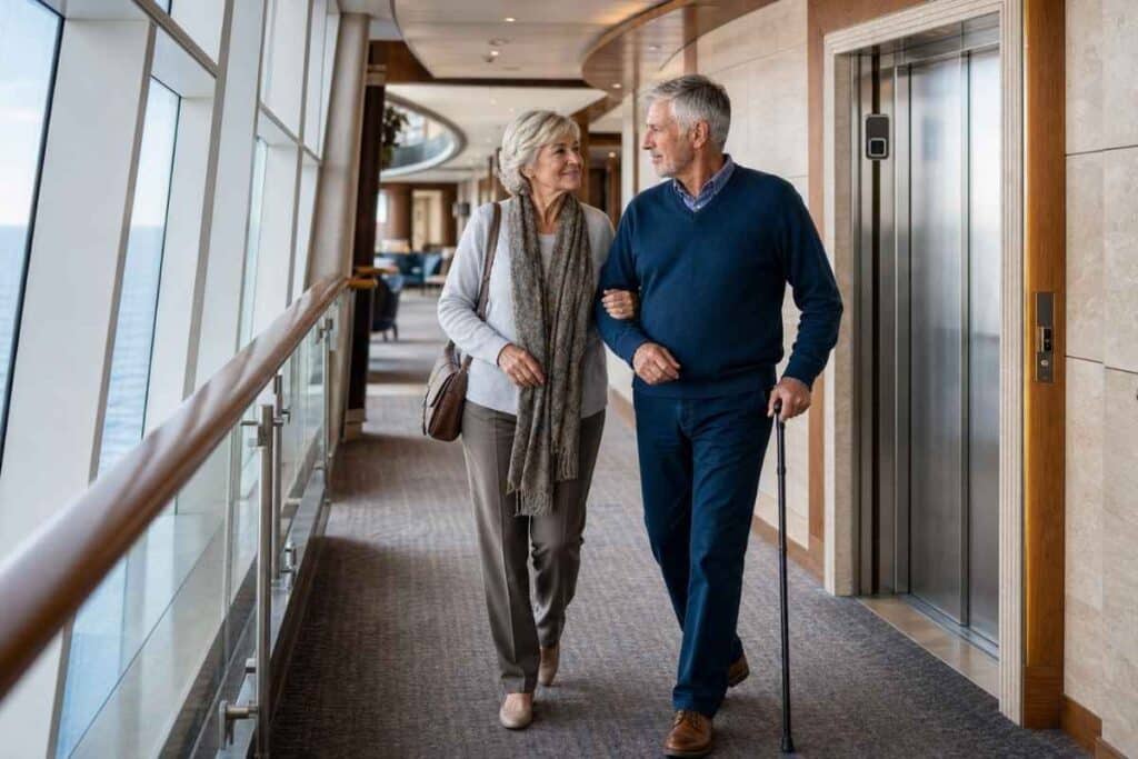 celebrity cruises reviews accessibility corridor with senior traveler near elevator