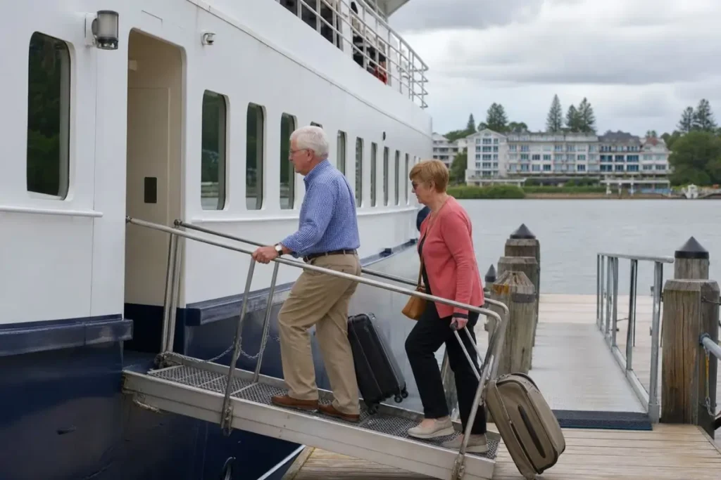 Cruise line reviews for seniors showing easy boarding on a smaller quiet cruise ship