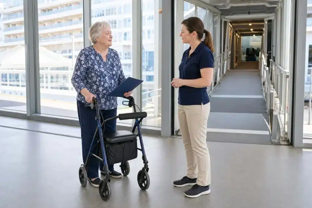 Margaritaville cruise reviews highlighting accessible boarding support for a senior traveler with rollator