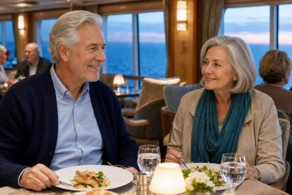 Princess cruises reviews with seniors dining in a quiet cruise lounge