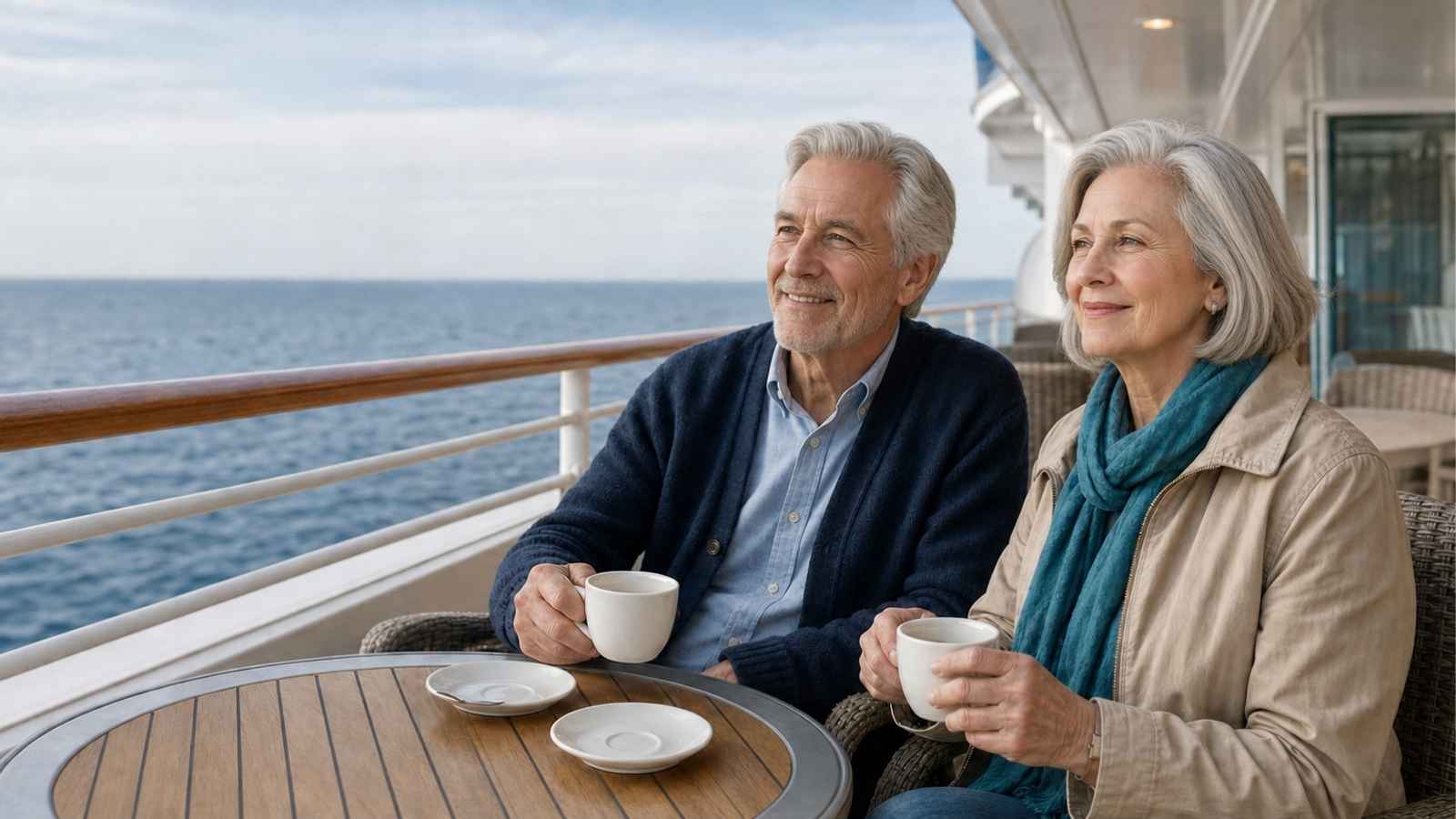 Senior travelers reading Princess cruises reviews on a calm cruise deck