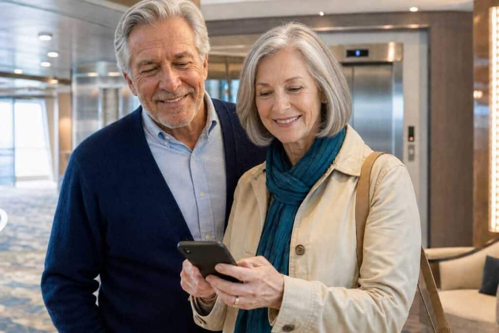 Princess cruises reviews showing seniors using a cruise app onboard