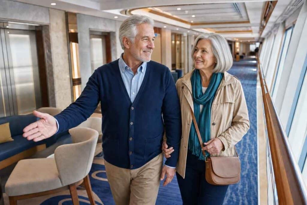 Princess cruises reviews showing seniors walking through a ship corridor