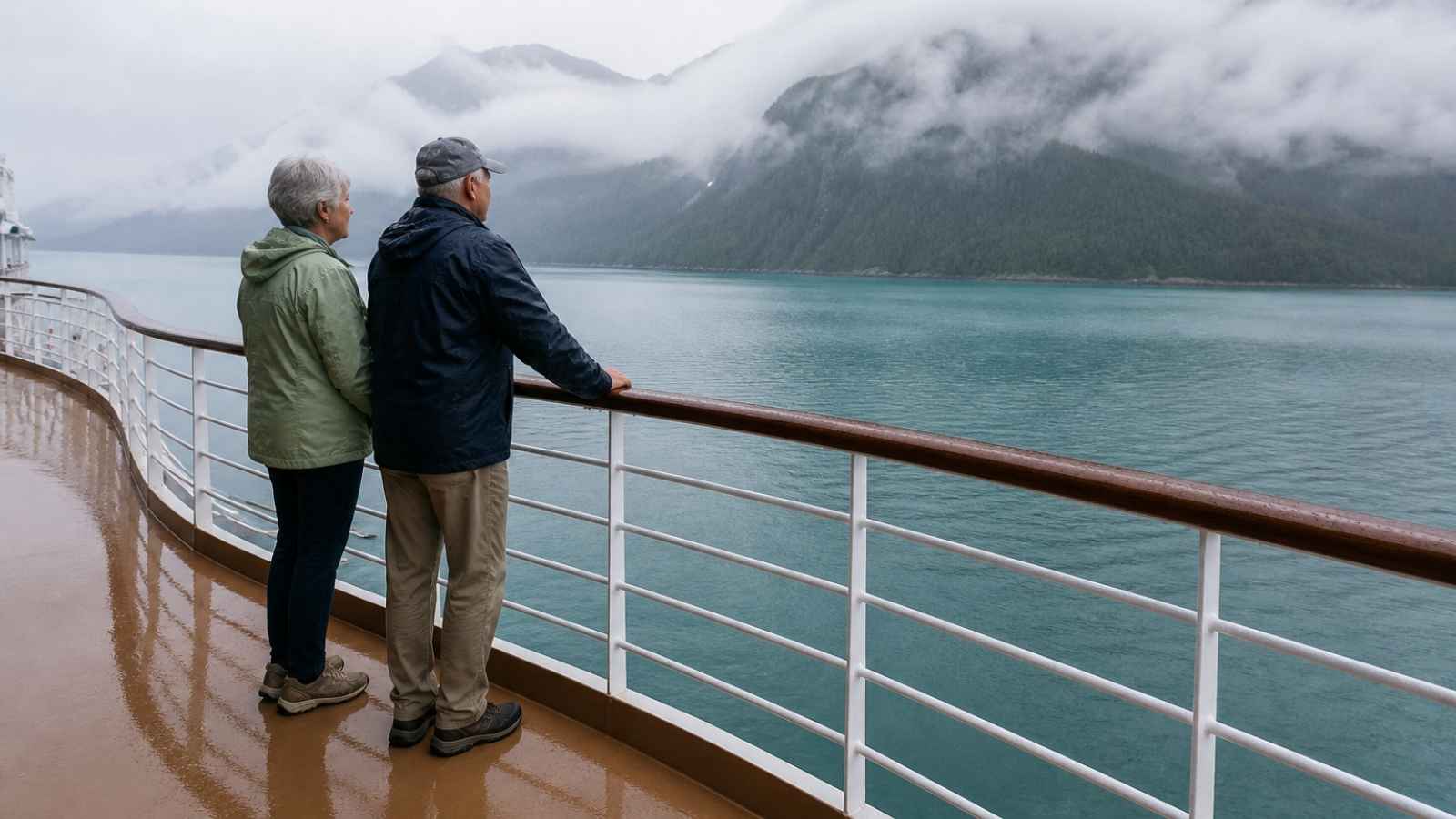 Senior travelers watching Alaska cruise weather by month from a rainy deck