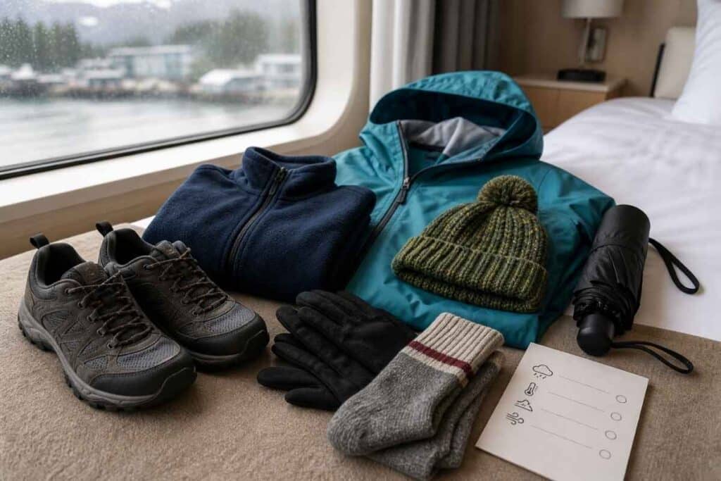 Waterproof layers and shoes for Alaska cruise weather by month planning