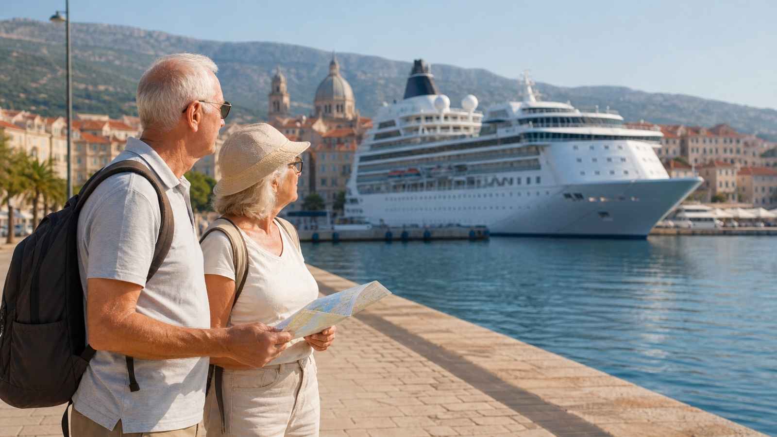 Senior travelers choosing the best Mediterranean cruise itinerary at a sunny port