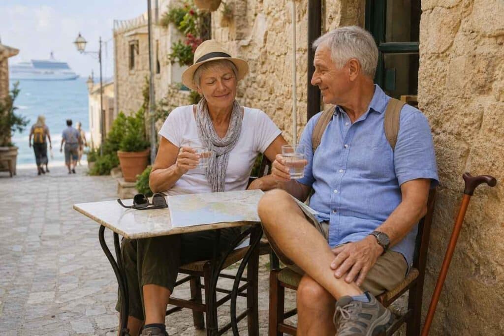 Comfortable mediterranean cruise for seniors with shaded rest after walking