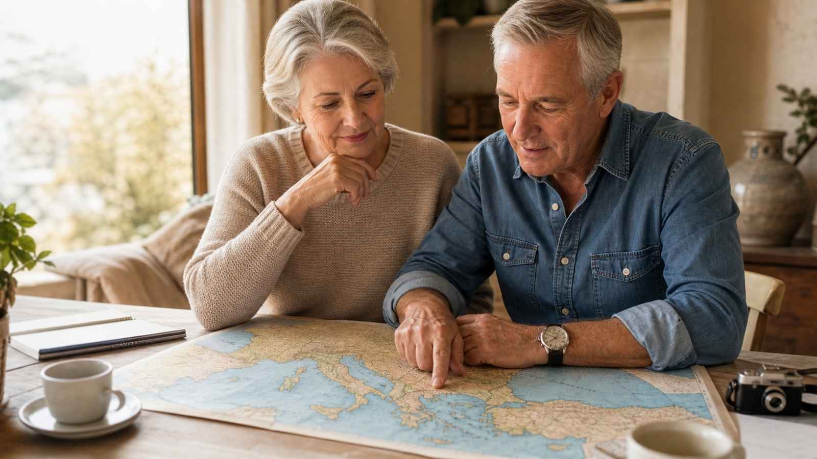 Senior travelers planning a mediterranean cruise for seniors with a map