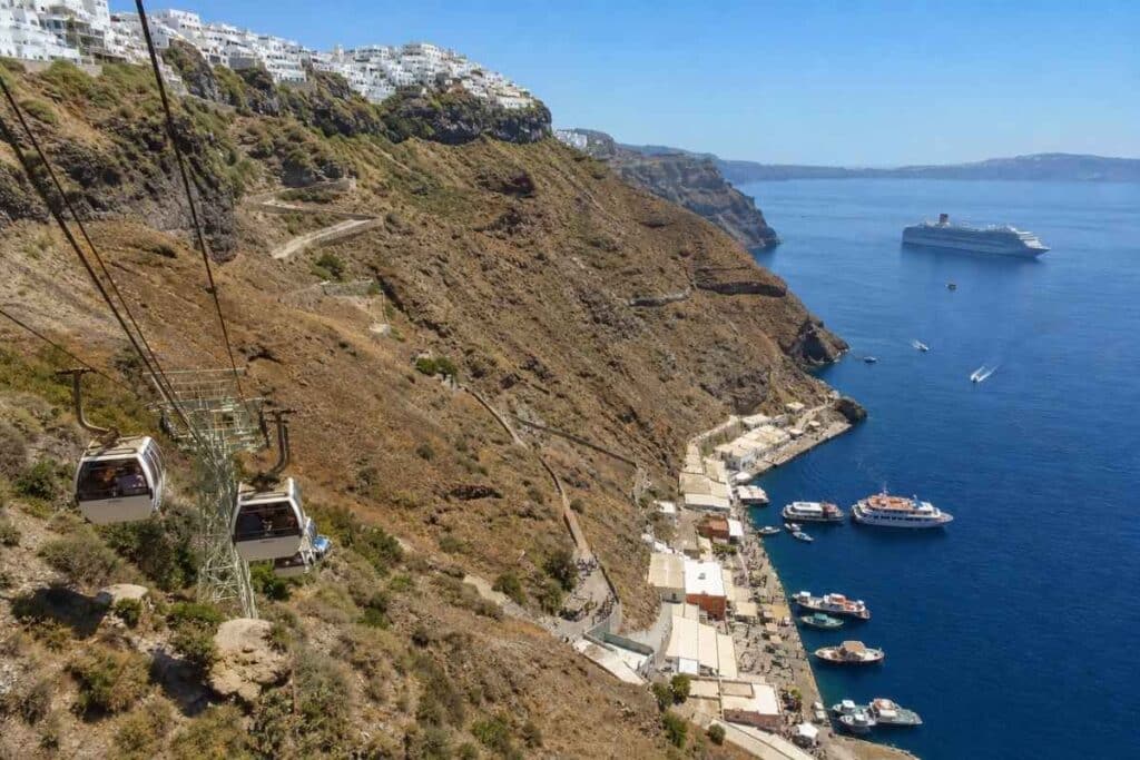 Mediterranean cruise ports cable car above Santorini old port