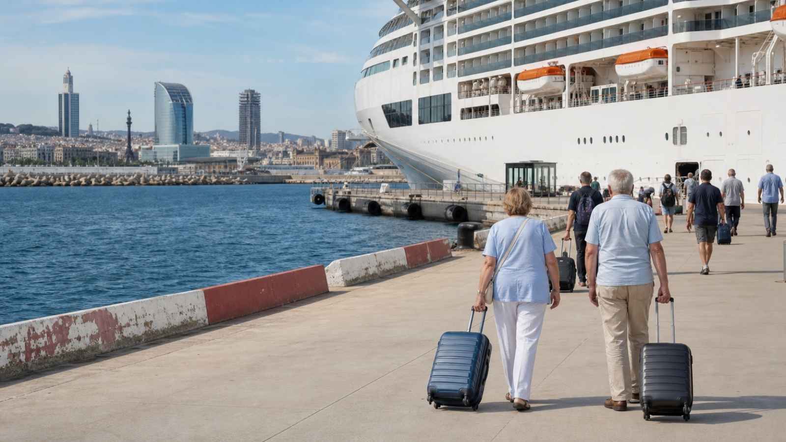 Mediterranean cruise ports ship docked near Barcelona with senior travelers