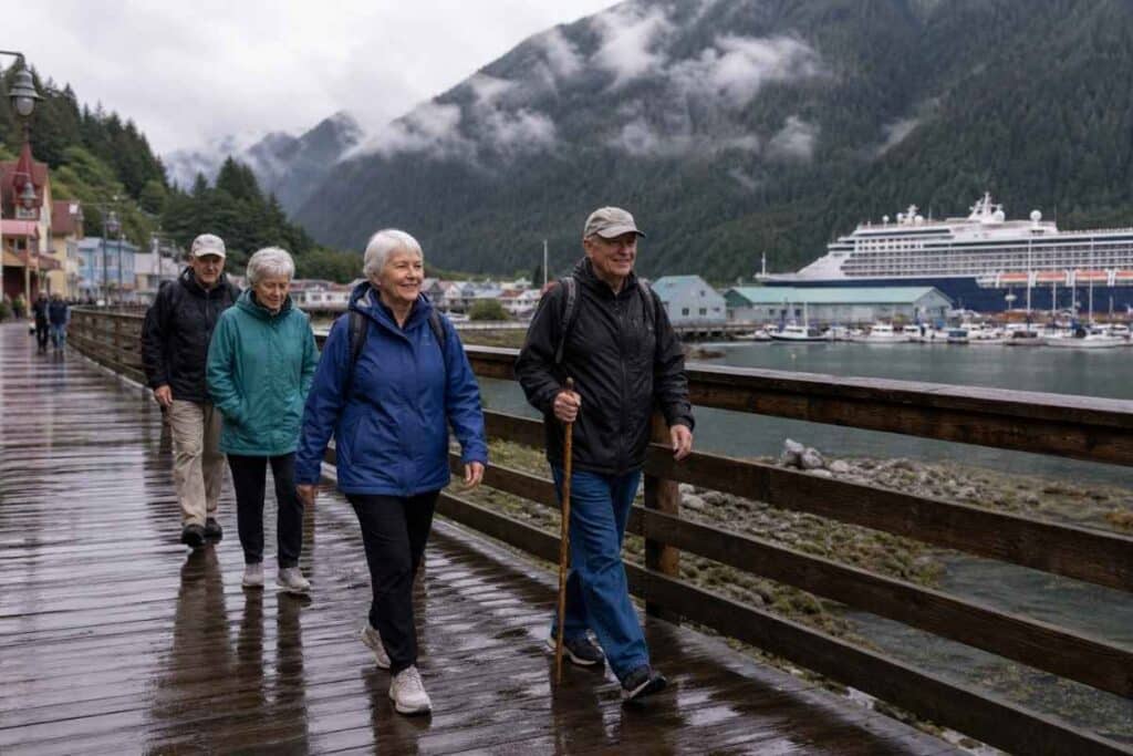 Rainy port boardwalk showing weather concerns for the best month to cruise alaska