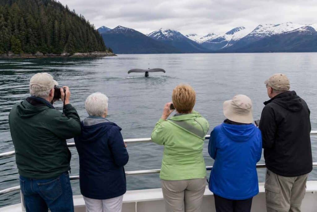 Senior travelers whale watching during the best month to cruise alaska